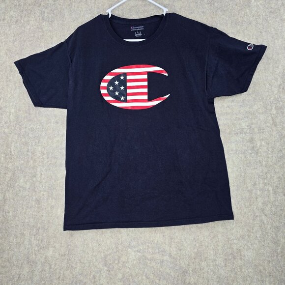 Champion Mens Large Black T-Shirt With American Flag Logo - Picture 1 of 6